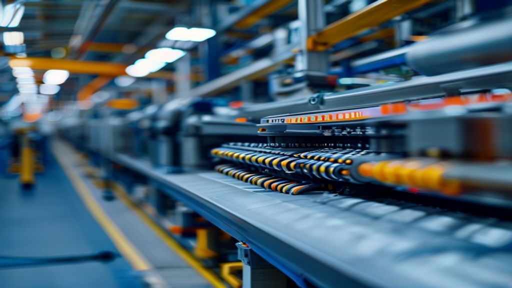 Manufacturing floor with ERP software dashboard showing real-time inventory, production scheduling, and analytics