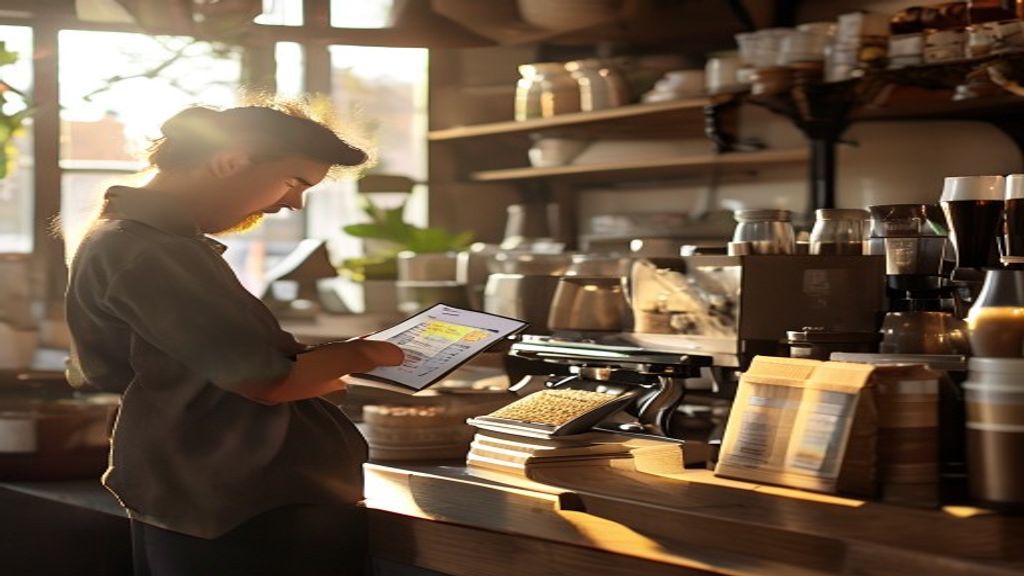 Small business owner using inventory software on a laptop to track stock levels.