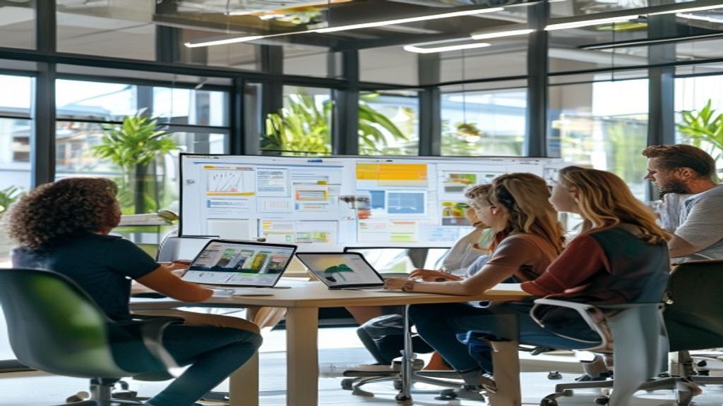Project management software programs displayed on computer screens with task tracking and team collaboration features