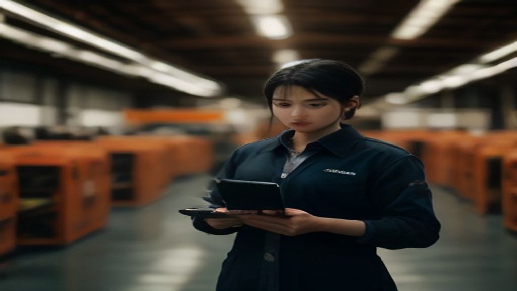 Manufacturing floor with ERP dashboard showing real-time production, inventory, and workflow analytics